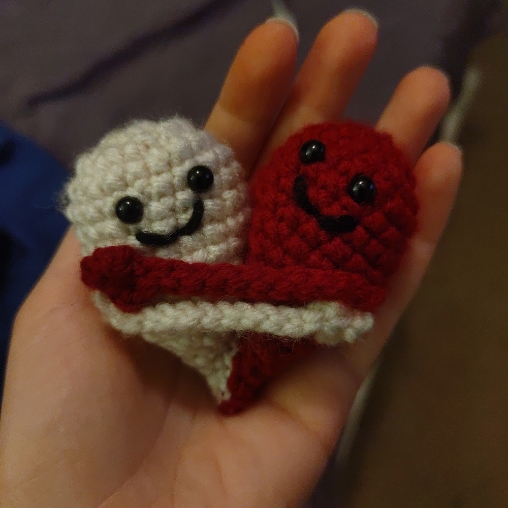 Valentine's Day Amigurumi Hugging Hearts Handmade Crochet Aran Burgundy 4 Inches